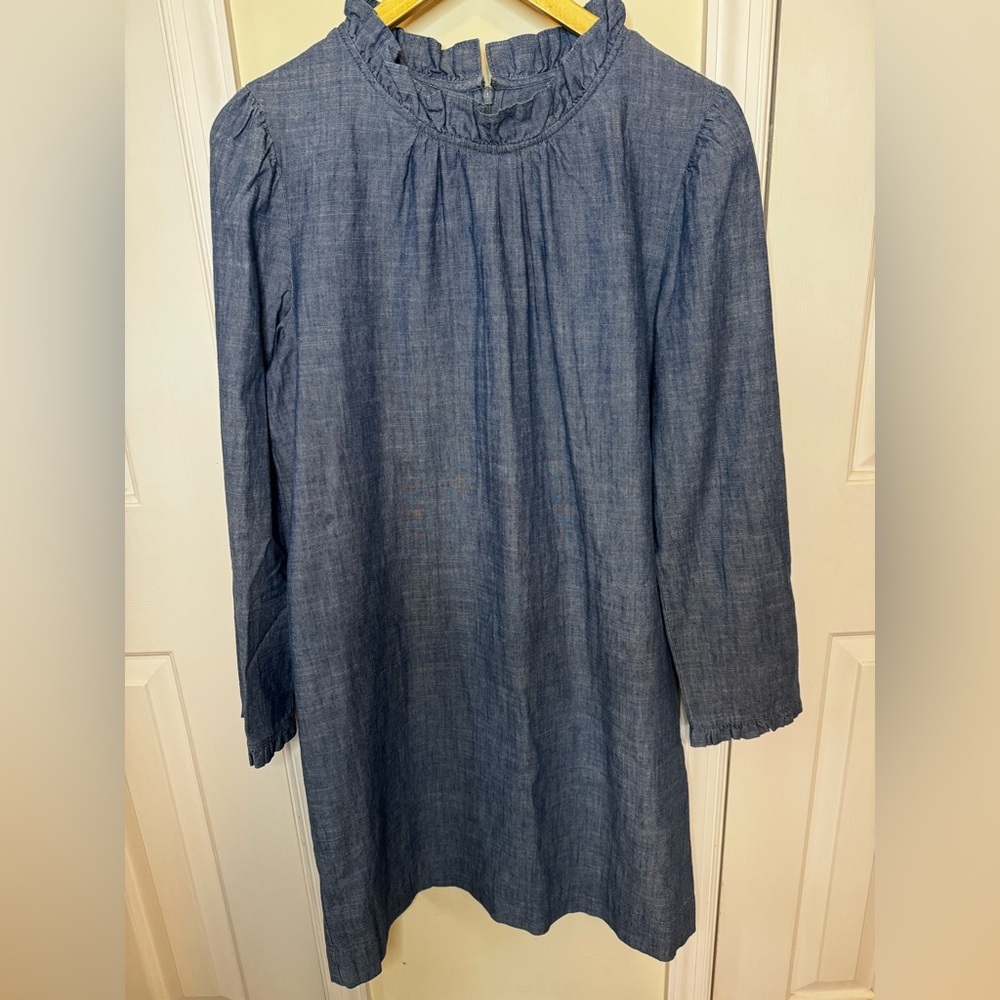 Women's Blue Chambray Ruffle-Neck Dress
